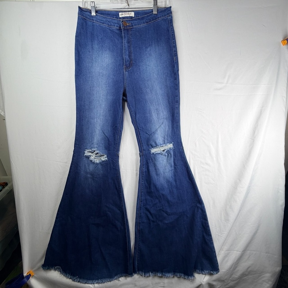 Vibrant MIU High Waisted Bell Bottom Flare Jeans Distressed Blue Size 13 W30